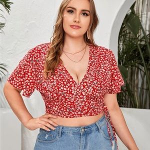 Red and White Ditsy Floral Print Self-Tie Wrap Crop Top